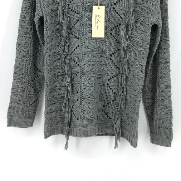 Elan Grey Cable Knit Fringe Tassel Front Sweater - Picture 3 of 6